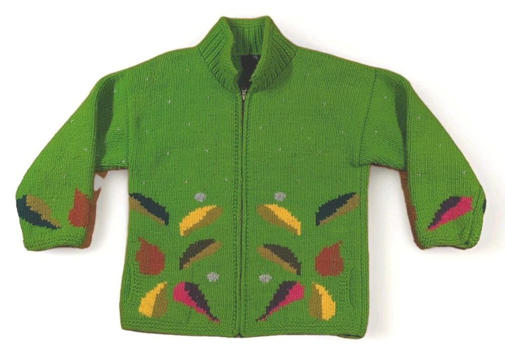 Vintage Otavalo Ecuador Wool Sweater Mens M Women L Green Hand Knit Zip Cardigan